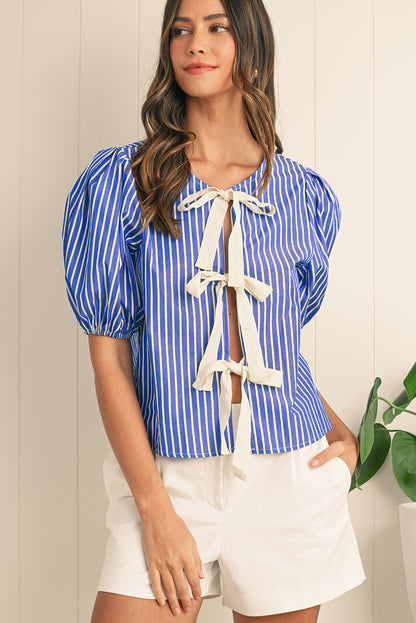 Blue Stripe Bow Tie Front Puff Short Sleeve Blouse