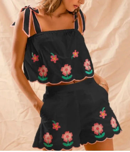 SO ME Flower Embroidered Tank Top and Shorts Set