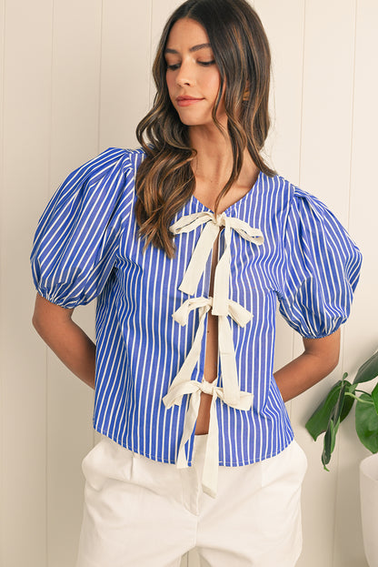 Blue Stripe Bow Tie Front Puff Short Sleeve Blouse